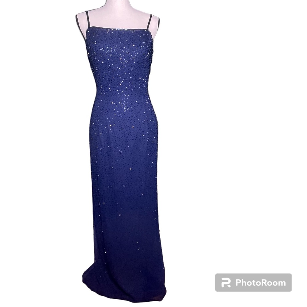 Tiffany designs silk maxi navy beaded  square neck open back gown 6
